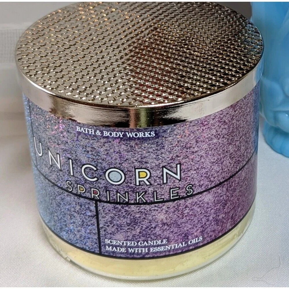 Bath & Body Works Unicorn Sprinkles 3-Wick Candle Holo Glitter Wrap Retired NEW